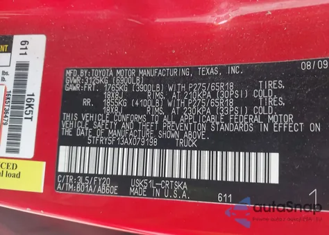 2010 Toyota Tundra Grade 5.7L V8 from USA, damaged, VIN 5TFRY5F13AX079198